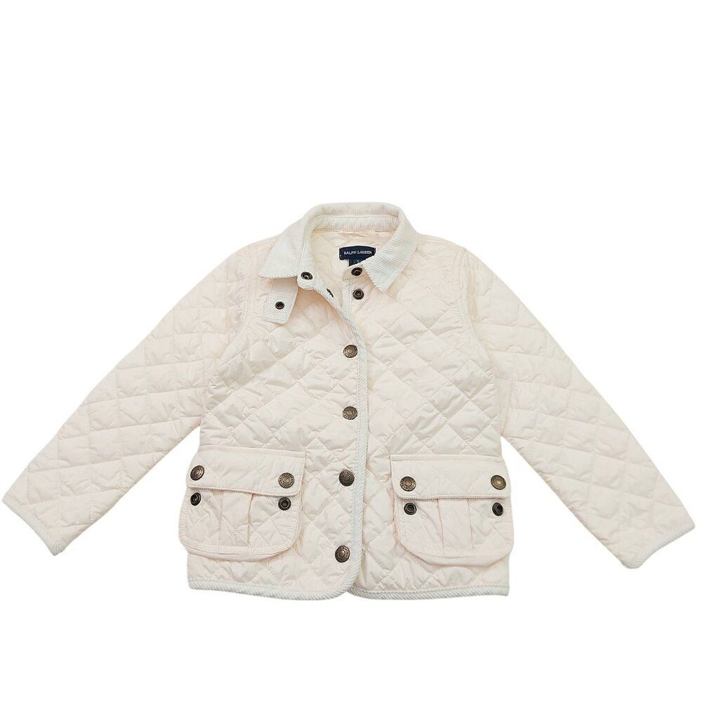 Ralph Lauren Jacket Girls 4 Ivory Quilted Snap High Neck Casual Travel Outdoor